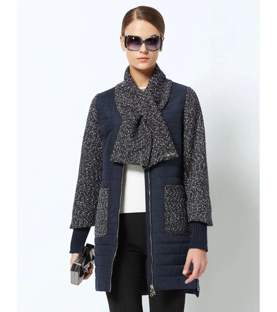 Women's Spring Stylish Warm Round Collar Jacket With Scarf