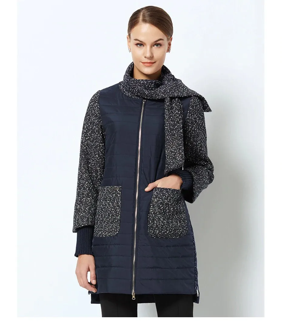 Women's Spring Stylish Warm Round Collar Jacket With Scarf