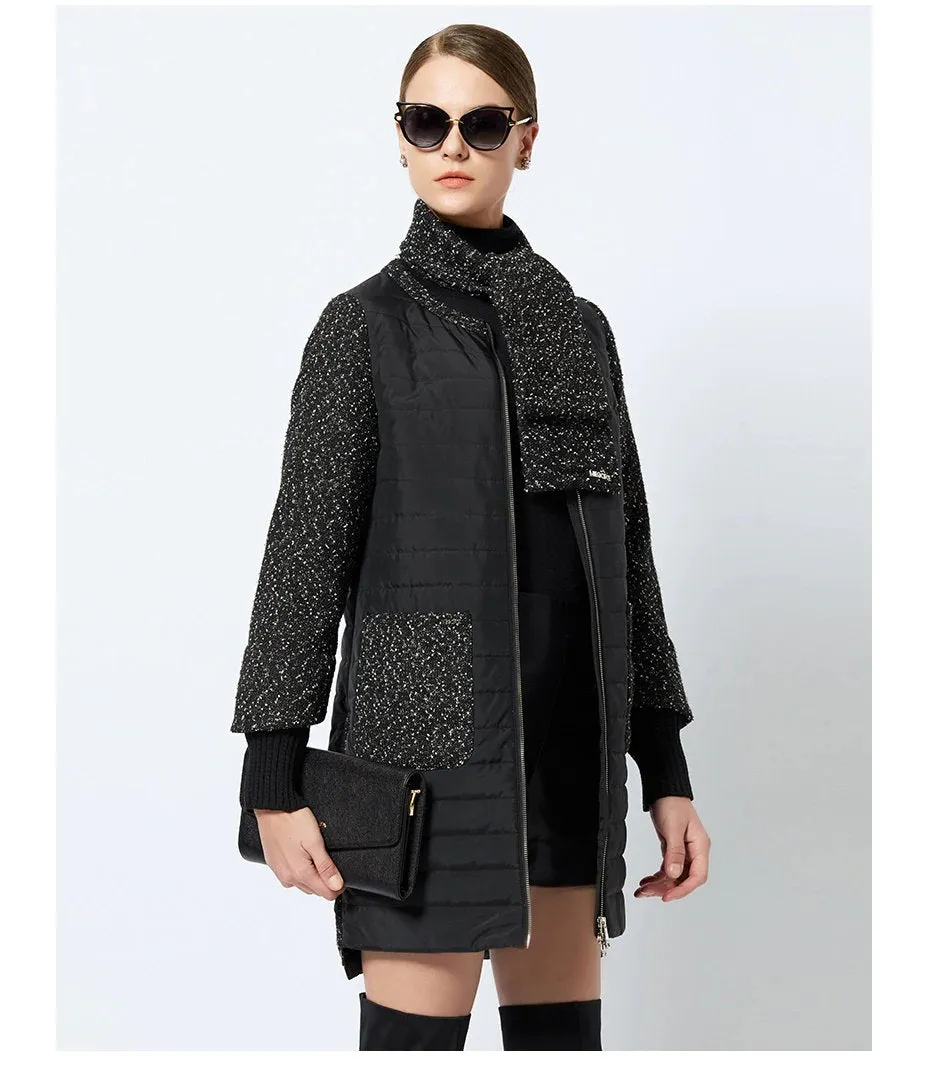 Women's Spring Stylish Warm Round Collar Jacket With Scarf